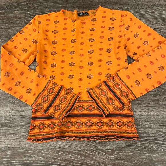 EUC Kookai Orange Floral Print Stretch Mesh Long Sleeve Top Sz 2 Y2K Retro Style - Picture 1 of 10